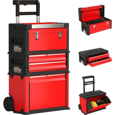 Lot de 3 boîtes à outils sur roulettes empilables et modulaires en acier avec plateau, poignées et serrure, rouge (1/5)