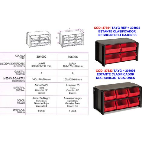 Schwarzes und rotes Sortierregal mit 6 Schubladen 306006