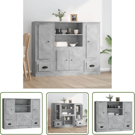 The Living Store Buffets 3 pcs gris béton bois d'ingénierie - Buffet Design Moderne - Meuble Rangement Cuisine - Buffet Gris - Buffet Industriel - Buffet Salon (1/5)