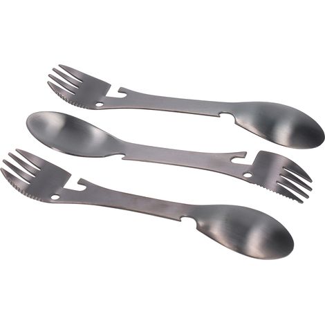 3-teiliges multifunktionales 5-in-1-Messer-, Löffel- und Gabelset mit Dosenöffner für Wanderungen