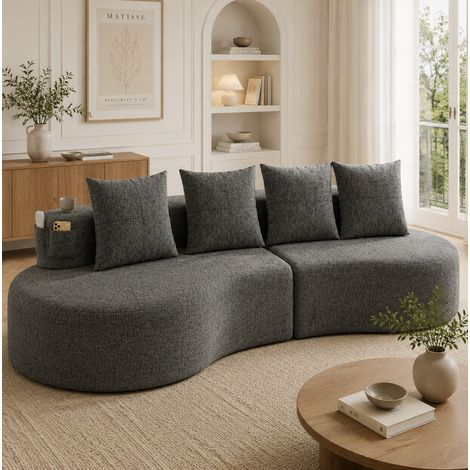 Canapé en tissu lin gris foncé 240 cm avec 4 coussins, porte-gobelets et poches latérales (1/5)