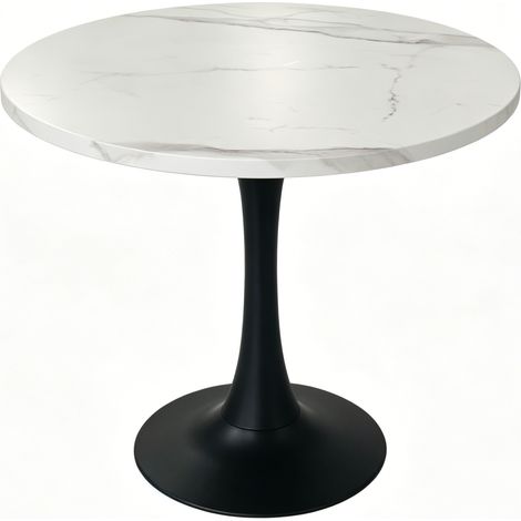 Table ronde moderne 80 cm avec plateau en bois effet marbre blanc et pied en métal noir, pour salle à manger et bureau à domicile (1/5)