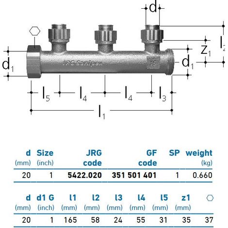 JRG Sanipex Distributore a 3 partenze bronzo d. 20 mm 1" 351501401