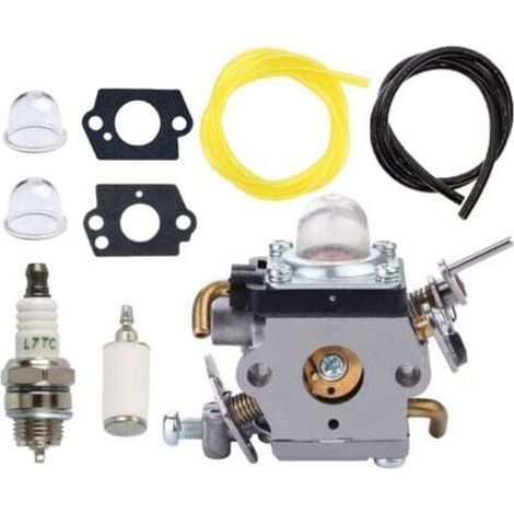 Carburateur pour tondeuses Husqvarna 122C, 122LDX, 122LK et McCulloch T22LS et T22LSC, comprenant joint, durite d'essence et bougie. Références : 581734301 et 574386701. (1/4)