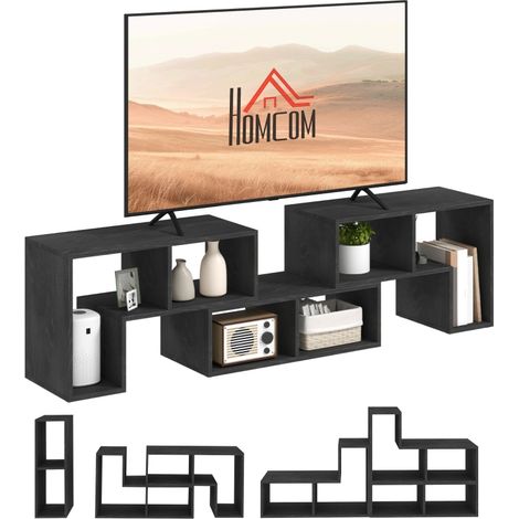 Meuble TV modulable 75 pouces noir avec 2 étagères en L et tablette bois 134-180x30.5x44 cm pour salon (1/5)