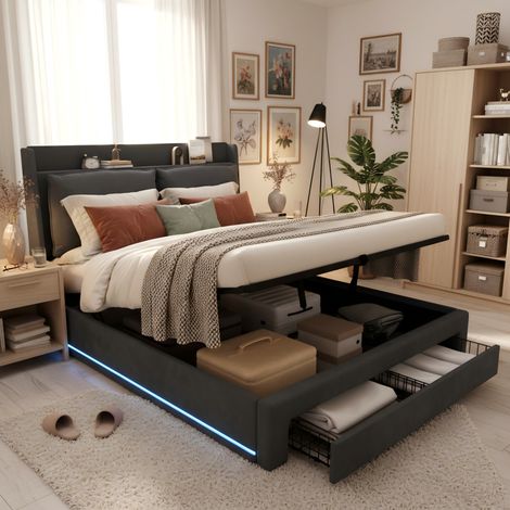 Upholstered bed, 150200(5ft),King Size Bed, hydraulic bed, 2-in-1 storage drawers at the end of the bed, recessed LED light strips on both sides of the bed, slatted frame, Velvet,Dark gray