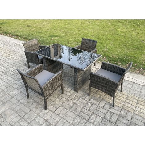 Fimous Wicker PE Outdoor Rattan Garden Furniture Arm Chair And Table Dining Sets 4 Seater Rectangular Table Dark Grey Mixed (1/5)