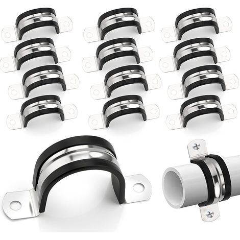 Lot de 10 colliers de serrage muraux en forme de U - Diamètre : 42 mm - En acier inoxydable 304 - Avec caoutchouc - Deux trous de fixation - Pour tuyaux d'eau, tuyaux de gaz, câbles