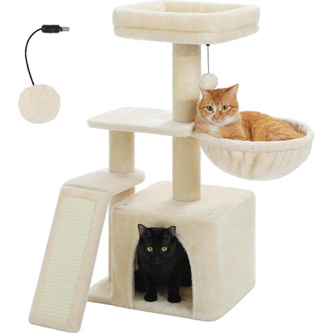 Arbre à chat pour chats d'intérieur, 80 cm - Tour à chat mignonne avec niche en sisal - Rampe à griffer - Hamac confortable et perchoir de lit amovible pour chatons - Beige (1/5)