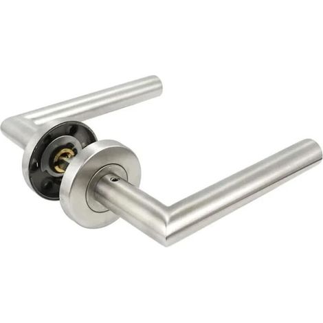 Poignée de porte, poignée à levier sur rosace ronde au design cannelé, pour portes de 30 à 48 mm d'épaisseur, acier inoxydable, axe carré de 8 mm (1/4)