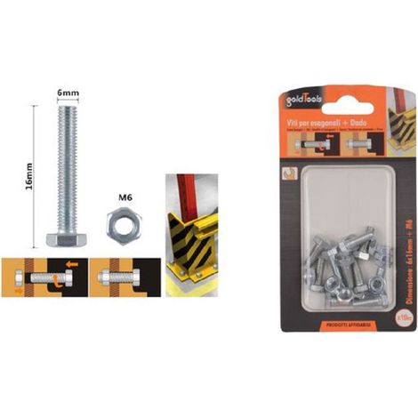 Kaela - Set 10 Pz Vite Viti Per Esterno A Testa Esagonali 6x16mm Con Dadi Dado M6 90914 - (1/3)
