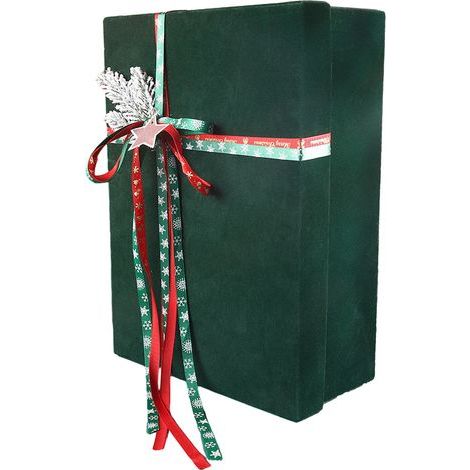 Coffret cadeau de Noël (35 x 25 x 12 cm, vert sapin), décoré de pommes pour le réveillon de Noël (couvercle et fond en velours rouge), emballage cadeau en velours. (1/5)