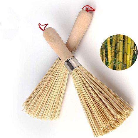 Juego de 2 cepillos tradicionales de bambú para wok, cepillos de cocina, cepillos de bambú para sartenes, para limpiar platos, ollas de hierro fundido, sartenes, verduras y el fregadero. (1/5)