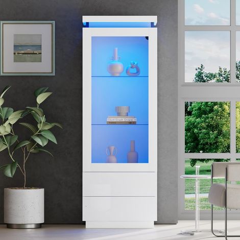 Buffet Salon Hauts 60  40  171cm,Vitrine Brillante,Meuble de Rangement,Meuble Cuisine avec éclairage LED Réglable,Tiroir,3 étagères en Verre Réglable,pour Salon