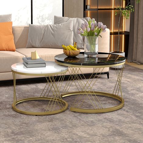Table basse gigogne ronde, lot de 2, table basse gigogne blanche et noire, cadre en métal doré, placage de marbre (1/5)