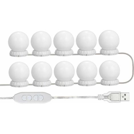 Kit Éclairage Miroir LED - 10 Ampoules Réglables - 10 Niveaux de Luminosité - 3 Modes d'Éclairage - Alimentation USB - Blanc (1/5)