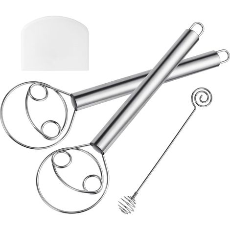 Danish Whisk, 2 Pieces Stainless Steel Danish Dough Whisk, Danish Dough Mixer, Kitchen Dough Mixer, Manual Whisk (with Honey Extractor and Dough Scraper) (1/5)
