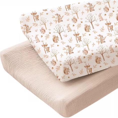 Baby Fitted Sheets, Set of 2 Protective Cotton Muslin Mattresses, Soft and Breathable Cosleeping Sheets with Elastic Double Cot Sheets for Oval and Rectangular Mattresses 80 x 40 cm (C) (1/5)