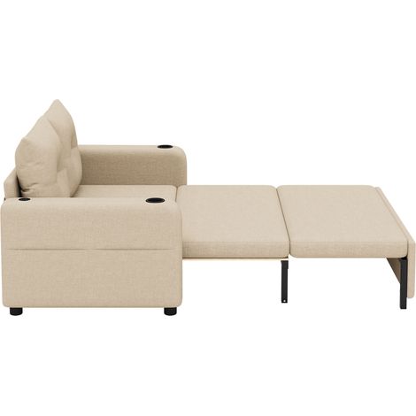 Sofá cama convertible de 2 plazas con puertos USB, portavasos, bolsillos laterales y cojines, algodón y lino beige (1/5)