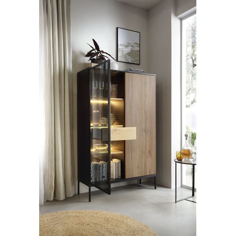 Azura Home Design – Vaisselier ODENSE 104 cm noir et chêne – Vitrine en verre trempé – Éclairage LED – Tiroir pour couverts – Design moderne et élégant