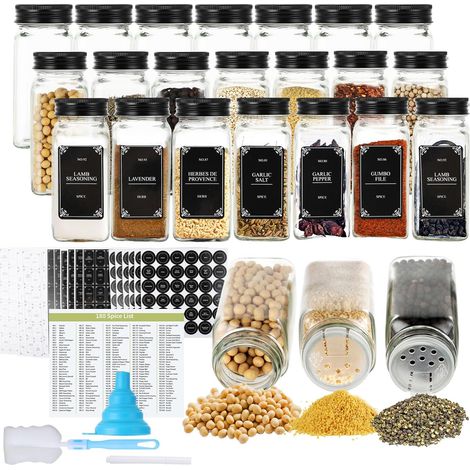 Set pots à épices 24 pièces – pots en verre 120 ml avec couvercles en aluminium et doseurs – pot à épices 4 oz avec 648 étiquettes, entonnoir et brosse – pot épice pour poivre, herbes, sel et piment (1/5)