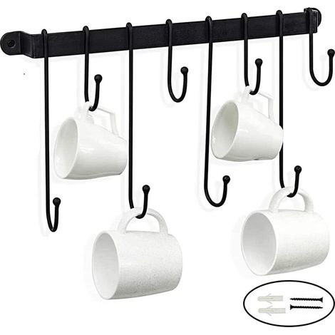 RHG Porte Casseroles Mural de Suspension 40CM avec 8 Crochets, Adhésif Fort Barre Cuisine Ustensiles étagère, pour Casserole, Pot, Couvercles, Ustensiles de Cuisine, Noir