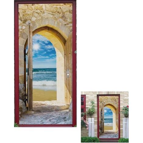 3D Photo Door Sticker - Caribbean Sea View Through an Old Wooden Arch
