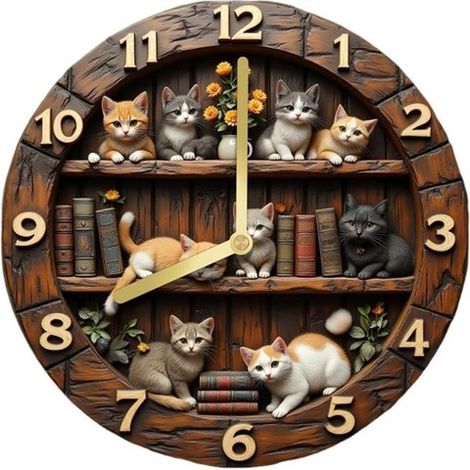 Horloge murale Longzimming à motif chat - Finition bois vieilli - Mouvement silencieux et grand cadran de 30 cm - 1 pièce - Marron neutre (1/5)