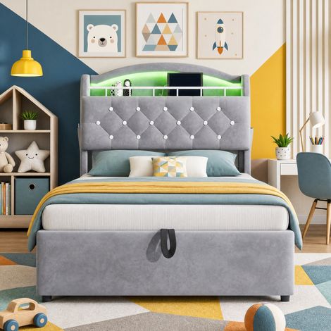 Cama individual infantil 90x200 cm con almacenaje, LED y USB gris FloraGrace (1/5)