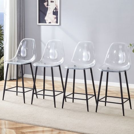 Transparente Barhocker Set, 4er Pack, Acryl-Sitzschale mit Metallgestell in Silber/Gold/Schwarz, Moderne Design-Stühle für Küche, Bar oder Esszimmer (Nur Stühle, ohne Tisch)