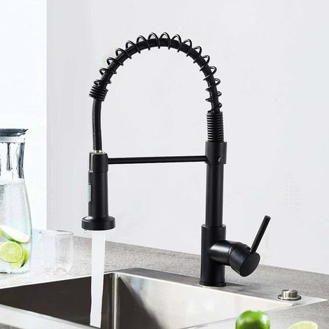 Black Kitchen Sink Tap, Kitchen Mixer Taps with 360° Swivel Sprayer Sink Mixer Tap Single Lever Spring Kitchen Faucet Matt Black (1/5)