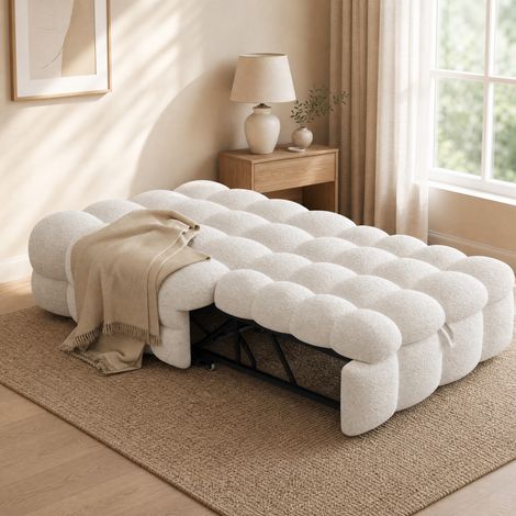 Bett-Pouf modern 183x76 cm aus Plushstoff Beige, 2-in-1, ausziehbares Einzelschlafsofa ohne Matratze