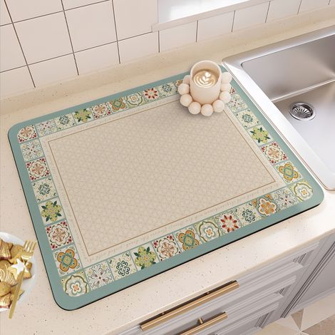 Tapis absorbant antidérapant pour cuisine – Tapis d’égouttement isolant et résistant à la saleté, facile à nettoyer, idéal sous assiettes, plan de travail ou évier (Modèle « Brume matinale d’été », ca