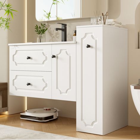 Mobile bagno sospeso 107 cm bianco con lavabo in ceramica, colonna e 2 cassetti - CHICFURN (1/5)