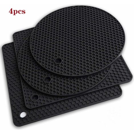 Sous-plat En Silicone - 130 °C Résistant À La Chaleur - 2 Ronds Et 2 Carrés - Noir - Lot De 4 (1/5)