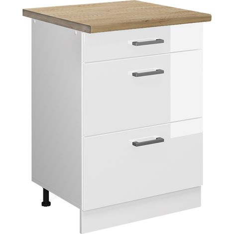 Küchenunterschrank R-Line, Weiß Hochglanz, 60 cm mit Schubladen, AP Eiche, Vicco