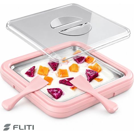 FLITI- Machine à Glace Roulée Inox 304 Avec Couvercle Transparent Et 2 Spatules, Plateau De Congélation Instantanée, Rose, L