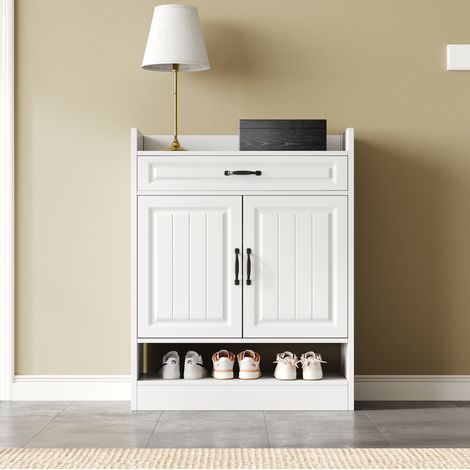 Scarpiera 75x36x95,5 cm con 1 cassetto e ripiano aperto, in legno, bianco (1/5)