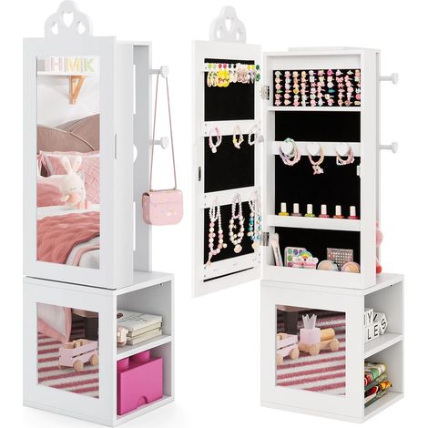 COSTWAY 3 en 1 Armoire à Bijoux Enfant avec Miroir Pleine Longueur, Organisateur à Bijoux en Forme Cœur avec 4 Crochets & 3 Étagères, Anti-Bascule, Portant à Vêtements pour Enfants de 3 Ans+ (Blanc) (1/5)