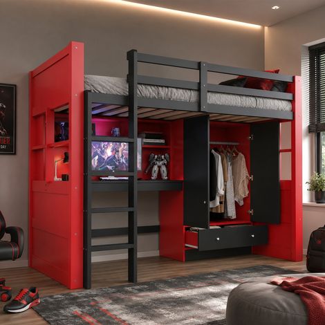 Lit surélevé 90x200 avec échelle, rangements, bureau, armoire et tiroirs, lit junior, lit adolescent, lit simple design gaming, rouge et noir (1/5)