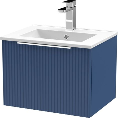 Tixall Fluted 1 Drawer Wall Hung Vanity Unit with Minimalist Basin, Satin Blue, 500mm (1/4)