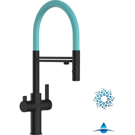 Rubinetto 4 vie miscelatore cucina Nero Opaco con canale separato per acqua filtrata, canna turchese movibile e doccia due getti staccabile - Serie FC (1/5)