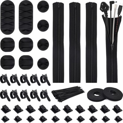 royaluxe - 146 Pièces Kit de Gestion des Câbles,4 pièces de manchons de fil à fermeture éclair, 10 pièces d'organisateurs de fil, serre-câbles rectangulaires10 pièces , Serre-fil carré10pcs, Velcro10p (1/5)
