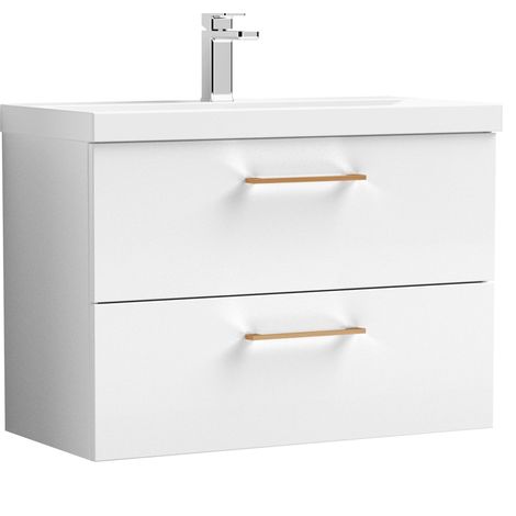 Balterley 800mm Wall Hung Bathroom 2 Drawer Vanity Unit and 1 Tap Hole Ceramic Basin, Gloss White with Copper Handles