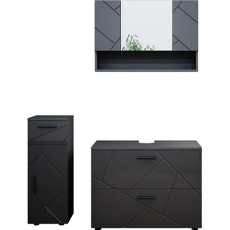 Conjunto de muebles de baño Irma, Antracita alto brillo, 3 piezas, con cajonera y mueble midi, Vicco