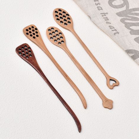 Set per salsa al miele composto da 4 parti a forma di cuore a nido d'ape, bastoncino di legno per mescolare la salsa al miele con manico lungo, cucchiaio. (1/5)