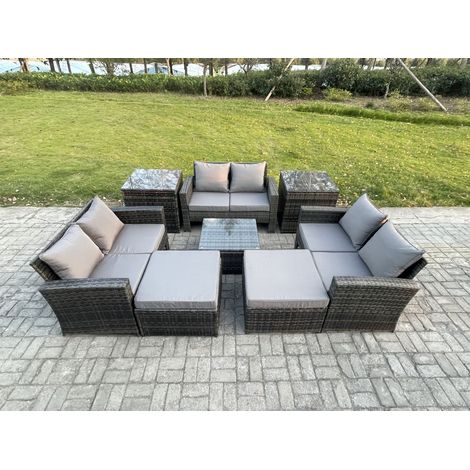 Fimous Outdoor Lounge Sofa Set Wicker PE Rattan Garden Furniture Set with Square Coffee Table Double Seat Sofa 2 Big Footstool 2 Side Tables Dark Grey Mixed