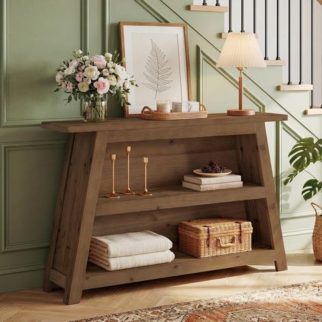 Tribesigns Table console en bois massif de 120 cm avec étagères de rangement, table basse à 3 étages derrière le canapé pour couloir, salon, entrée