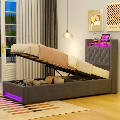 Letto contenitore 90x190 cm con illuminazione a LED, porte USB e prese elettriche, letto con testiera e ripiano, comodo letto per camera da letto, grigio (materasso non incluso) (1/5)