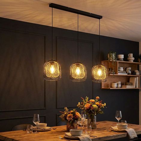 Suspension LED pour salle à manger à 3 ampoules, métal noir, H 150 cm (1/5)